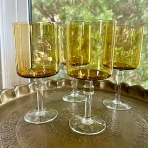 Vintage Amber Stemmed Glasses Set of 4 – Mid-Century Modern Cylindrical Goblets